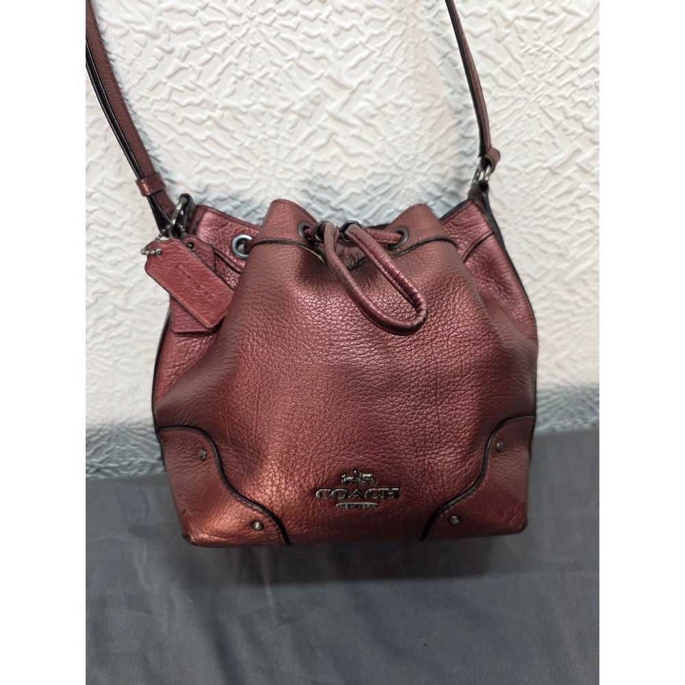 COACH Mickie Baby Drawstring Bucket Bag Women Small Metallic Burgundy Good Wear